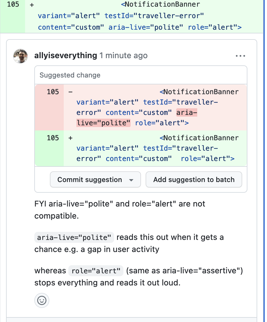 A screenshot of a comment explaining how aria-live and role=alert work to a developer