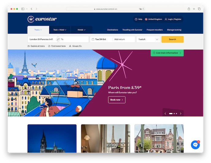 Screenshot of eurostar.com homepage